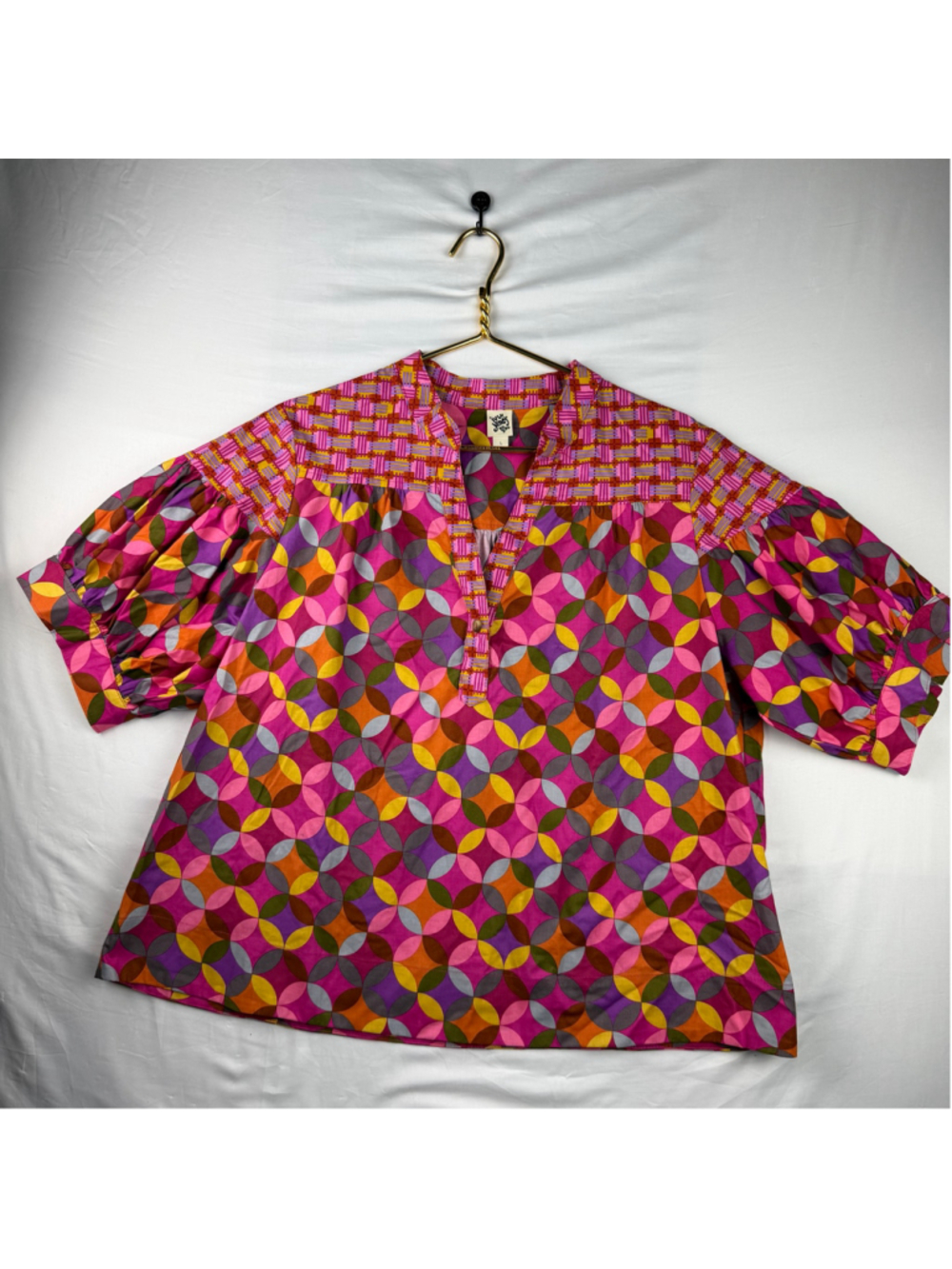 Ivy Jane Womens Large NWOT Top Geometric Retro Boho Puff Sleeve Blouse Cotton